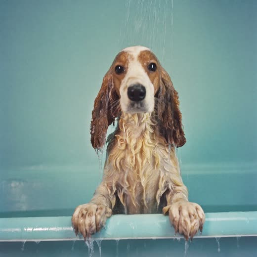 A wet spaniel being bathed
